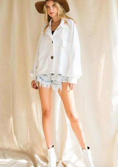 Brand: Bucket List - Oversized French Terry Cotton Jacket -  100% Cotton, Bohemian, BoHo, Clothes, Featured, French Terry, Jacket, Made in America, made in usa, Shacket, Shirt, soft, Spring, Wardrobe Essentials, White, Women - Classy Cozy Cool Boutique