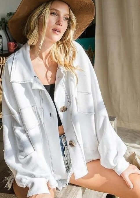 Bucket List | Style T1220 | Oversized French Terry Cotton Button Down Shacket with Stitch Detail | Made in the USA | Classy Cozy Cool Women’s Clothing Boutique