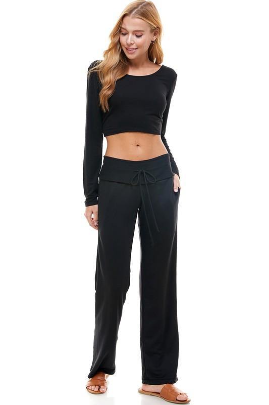 Brand: Loving People - Boot Cut Traveler's Drawstring Pants | Black -  Black, Bottoms, Clothes, Lounge, Loungewear, made in usa, Pants, soft, Spring, Travel Pants, Wardrobe Essentials, Women, Women's Clothing - Classy Cozy Cool Boutique