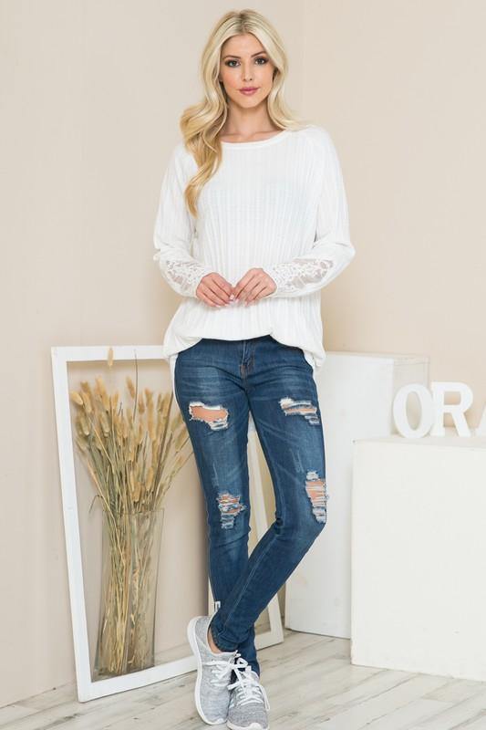 Brand: Orange Farm Clothing - White Long Sleeve Lace Detail Knit Top -  Blouse, Clothes, Featured, Lace Detail, Long Sleeve, made in usa, Off White, Shirt, soft, Spring, Wardrobe Essentials, Women, Women's Clothing - Classy Cozy Cool Boutique