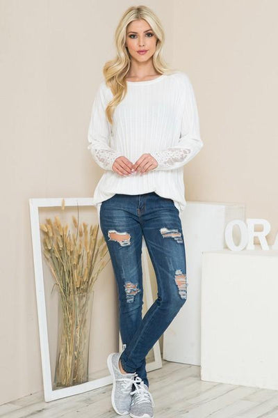 Brand: Orange Farm Clothing - White Long Sleeve Lace Detail Knit Top -  Blouse, Clothes, Featured, Lace Detail, Long Sleeve, made in usa, Off White, Shirt, soft, Spring, Wardrobe Essentials, Women, Women's Clothing - Classy Cozy Cool Boutique