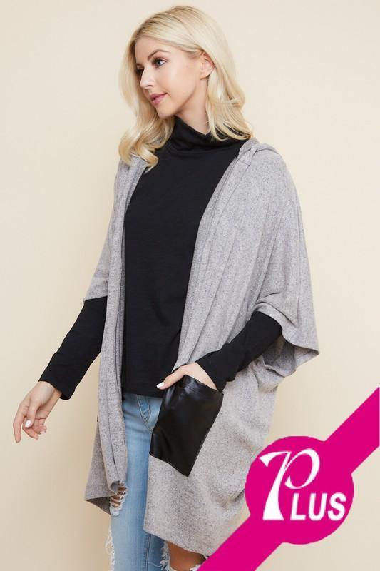 Brand: CY - Hooded Half Sleeve Poncho Plus Cardigan with Faux Leather Pockets -  Black, Blouse, Cardigan, Clothes, made in usa, Plus, Poncho, Shirt, soft, Spring, Wardrobe Essentials, Women, Women's Clothing - Classy Cozy Cool Boutique