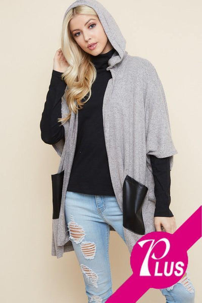 Brand: CY - Hooded Half Sleeve Poncho Plus Cardigan with Faux Leather Pockets -  Black, Blouse, Cardigan, Clothes, made in usa, Plus, Poncho, Shirt, soft, Spring, Wardrobe Essentials, Women, Women's Clothing - Classy Cozy Cool Boutique