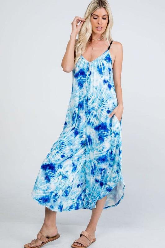 Brand: P & Rose - Tie Dye Blue/White V-Neck Jumpsuit with Pockets -  aqua, beach, Beach Wear, Best Dressed, Blue, BoHo, Clothes, Dress to Impress, Featured, Jumper, Jumpsuit, Romper, Summer, tie dye, vacation, Women - Classy Cozy Cool Boutique