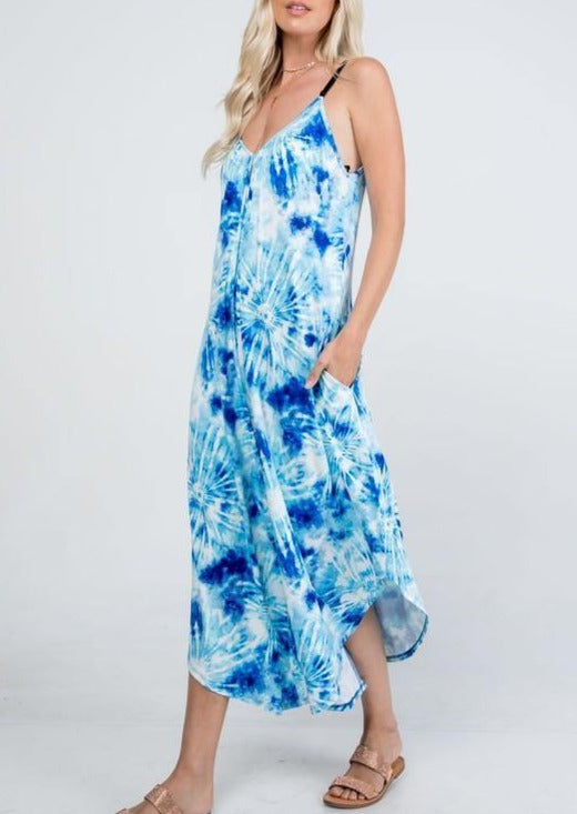 Brand: P & Rose - Tie Dye Blue/White V-Neck Jumpsuit with Pockets -  aqua, beach, Beach Wear, Best Dressed, Blue, BoHo, Clothes, Dress to Impress, Featured, Jumper, Jumpsuit, Romper, Summer, tie dye, vacation, Women - Classy Cozy Cool Boutique