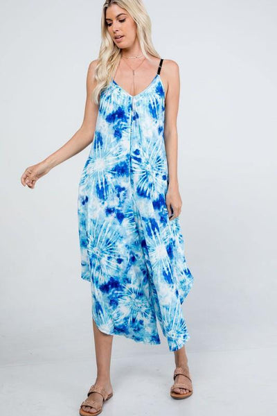 Brand: P & Rose - Tie Dye Blue/White V-Neck Jumpsuit with Pockets -  aqua, beach, Beach Wear, Best Dressed, Blue, BoHo, Clothes, Dress to Impress, Featured, Jumper, Jumpsuit, Romper, Summer, tie dye, vacation, Women - Classy Cozy Cool Boutique