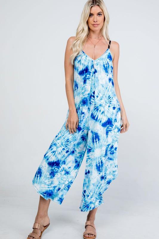Brand: P & Rose - Tie Dye Blue/White V-Neck Jumpsuit with Pockets -  aqua, beach, Beach Wear, Best Dressed, Blue, BoHo, Clothes, Dress to Impress, Featured, Jumper, Jumpsuit, Romper, Summer, tie dye, vacation, Women - Classy Cozy Cool Boutique
