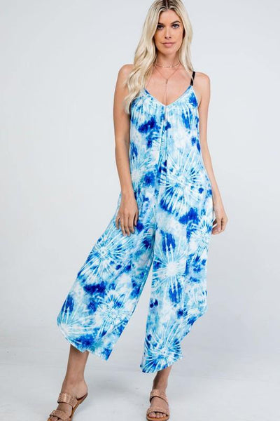 Brand: P & Rose - Tie Dye Blue/White V-Neck Jumpsuit with Pockets -  aqua, beach, Beach Wear, Best Dressed, Blue, BoHo, Clothes, Dress to Impress, Featured, Jumper, Jumpsuit, Romper, Summer, tie dye, vacation, Women - Classy Cozy Cool Boutique