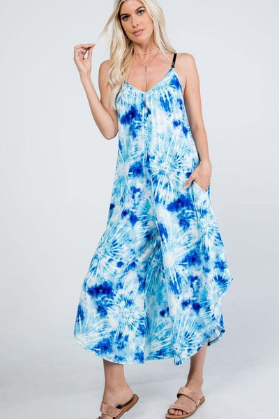 Brand: P & Rose - Tie Dye Blue/White V-Neck Jumpsuit with Pockets -  aqua, beach, Beach Wear, Best Dressed, Blue, BoHo, Clothes, Dress to Impress, Featured, Jumper, Jumpsuit, Romper, Summer, tie dye, vacation, Women - Classy Cozy Cool Boutique