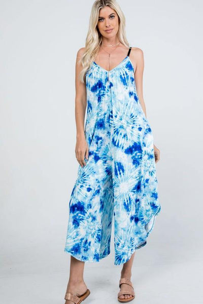 Brand: P & Rose - Tie Dye Blue/White V-Neck Jumpsuit with Pockets -  aqua, beach, Beach Wear, Best Dressed, Blue, BoHo, Clothes, Dress to Impress, Featured, Jumper, Jumpsuit, Romper, Summer, tie dye, vacation, Women - Classy Cozy Cool Boutique