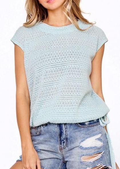 Ces Femme Pastel Aqua Lightweight Knittted Spring/Summer Sweater Top | Style # TY3782 | Made in USA | Classy Cozy Cool Women’s Clothing Boutique