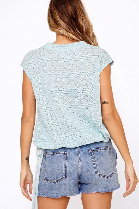 Brand: Ces Femme - Pastel Aqua Lightweight Knit Top -  Aqua, Best Dressed, Blouse, Made in America, made in usa, Pastel, Shirt, Spring, Summer, sweater, Tie Detail, vacation, Wardrobe Essentials, Women, Women's Clothing - Classy Cozy Cool Boutique