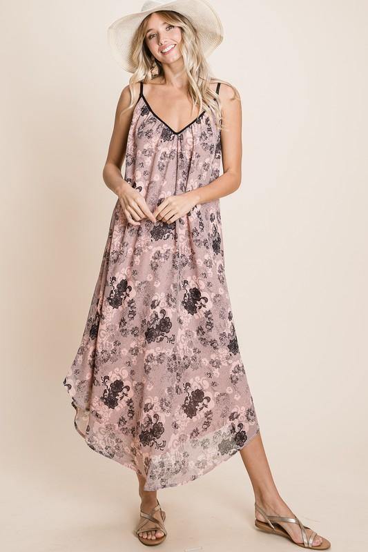Brand: Emerald Collection - Floral Cami Strap Chiffon Maxi Dress -  Adjustable Straps, beach, Beach Wear, Best Dressed, BoHo, Chiffon, Clothes, dress, Dresses, Floral Print, Made in America, made in usa, Maxi Dress, pink, Plus, Spring, Summer, Women - Classy Cozy Cool Boutique
