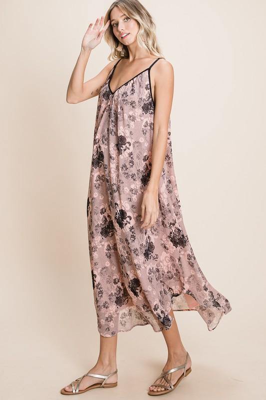 Mauve Floral Cami Strap Chiffon Maxi Dress | Emerald Collection | Made in the USA | Classy Cozy Cool Women's Clothing Boutique