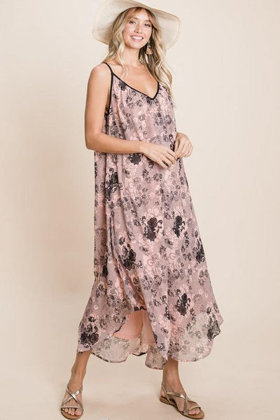 Brand: Emerald Collection - Floral Cami Strap Chiffon Maxi Dress -  Adjustable Straps, beach, Beach Wear, Best Dressed, BoHo, Chiffon, Clothes, dress, Dresses, Floral Print, Made in America, made in usa, Maxi Dress, pink, Plus, Spring, Summer, Women - Classy Cozy Cool Boutique
