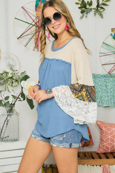 Brand: Adora - Lace Trim Bell Sleeve Waffle Top -  bell sleeve, Best Dressed, Blouse, Blue, Bohemian, BoHo, Clothes, Lace Detail, made in usa, Shirt, Spring, Summer, vacation, Waffle Top, Women - Classy Cozy Cool Boutique