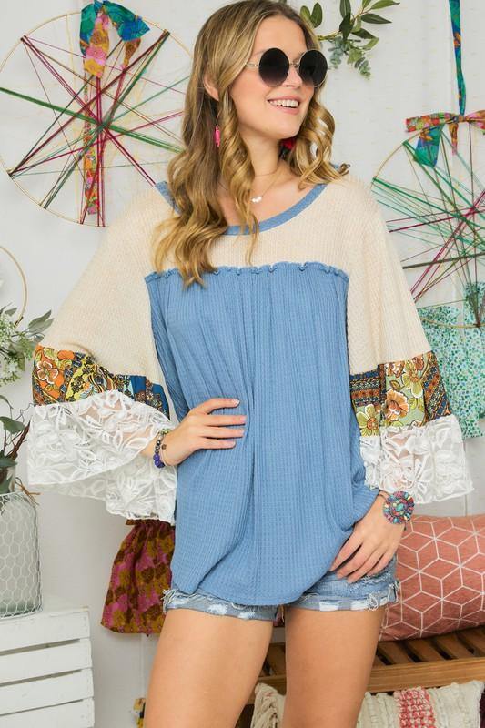 Brand: Adora - Lace Trim Bell Sleeve Waffle Top -  bell sleeve, Best Dressed, Blouse, Blue, Bohemian, BoHo, Clothes, Lace Detail, made in usa, Shirt, Spring, Summer, vacation, Waffle Top, Women - Classy Cozy Cool Boutique