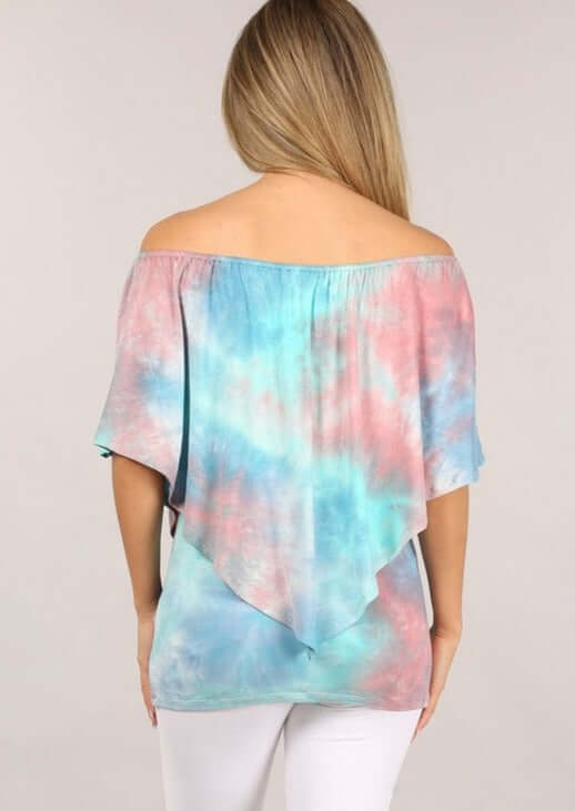 USA-made Ladies Tie Dye Convertible Top with elastic neckline Style Multiple Ways | Chatoyant Style# P30342 | Classy Cozy Cool Women's Made in America Boutique