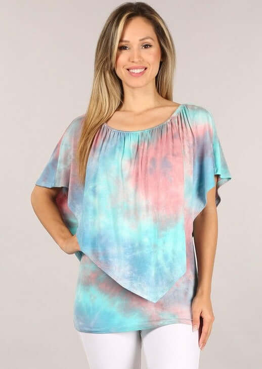 USA-made Ladies Tie Dye Convertible Top with elastic neckline Style Multiple Ways | Chatoyant Style# P30342 | Classy Cozy Cool Women's Made in America Boutique