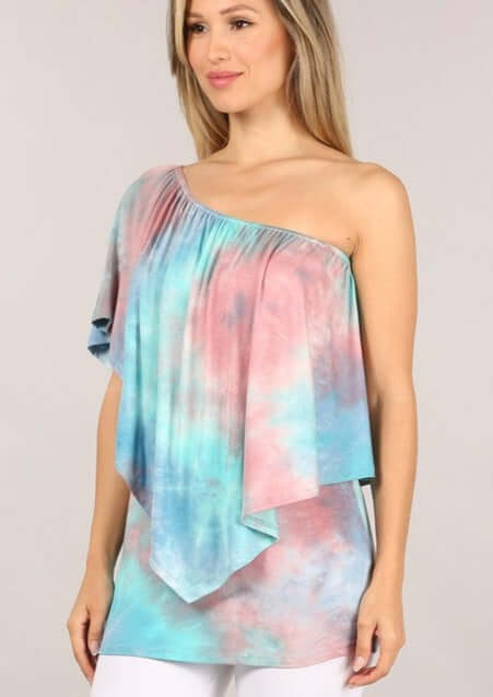USA-made Ladies Tie Dye Convertible Top with elastic neckline Style Multiple Ways | Chatoyant Style# P30342 | Classy Cozy Cool Women's Made in America Boutique