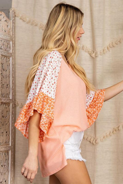 Brand: 143 Story - Floral Print Ruffle Sleeve Waffle Top -  Blouse, Blush Peach, Clothes, made in usa, Mini Floral Pattern, Ruffle Sleeve, Shirt, Spring, Summer, vacation, Waffle Top, Women, Women's Clothing - Classy Cozy Cool Boutique