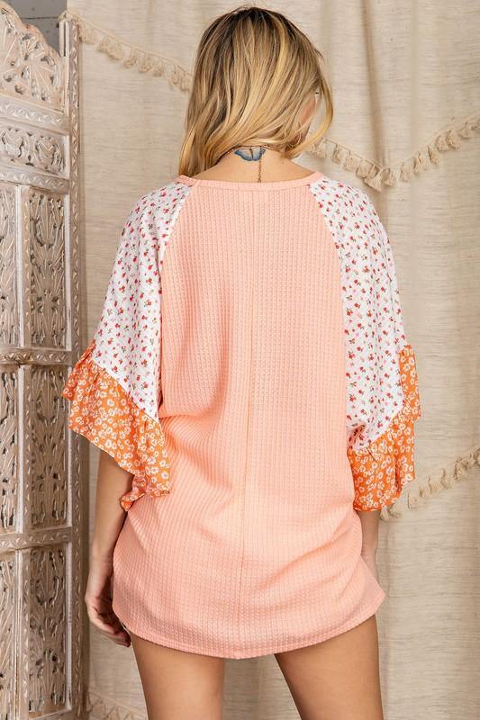 Brand: 143 Story - Floral Print Ruffle Sleeve Waffle Top -  Blouse, Blush Peach, Clothes, made in usa, Mini Floral Pattern, Ruffle Sleeve, Shirt, Spring, Summer, vacation, Waffle Top, Women, Women's Clothing - Classy Cozy Cool Boutique