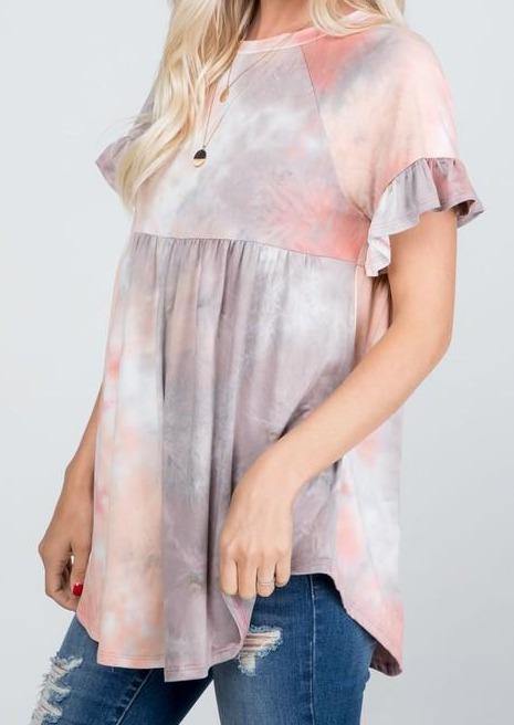Brand: P & Rose - Baby Doll Ruffle Sleeve Women's Top -  Baby Doll, babydoll, Blouse, Clothes, Gray, made in usa, pink, Plus, ruffle sleeve, Shirt, soft, Spring, Spring Top, Summer, tie dye, Tunic, vacation, Women's Clothing - Classy Cozy Cool Boutique