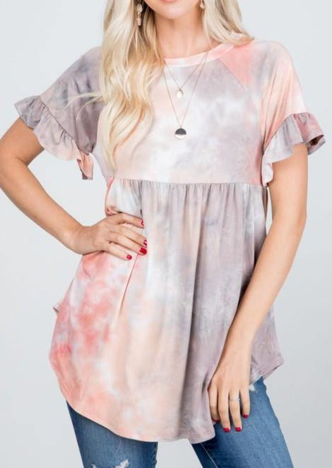 Brand: P & Rose - Baby Doll Ruffle Sleeve Women's Top -  Baby Doll, babydoll, Blouse, Clothes, Gray, made in usa, pink, Plus, ruffle sleeve, Shirt, soft, Spring, Spring Top, Summer, tie dye, Tunic, vacation, Women's Clothing - Classy Cozy Cool Boutique