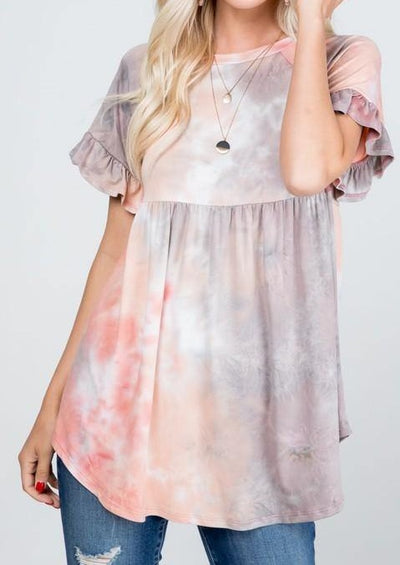 Brand: P & Rose - Baby Doll Ruffle Sleeve Women's Top -  Baby Doll, babydoll, Blouse, Clothes, Gray, made in usa, pink, Plus, ruffle sleeve, Shirt, soft, Spring, Spring Top, Summer, tie dye, Tunic, vacation, Women's Clothing - Classy Cozy Cool Boutique