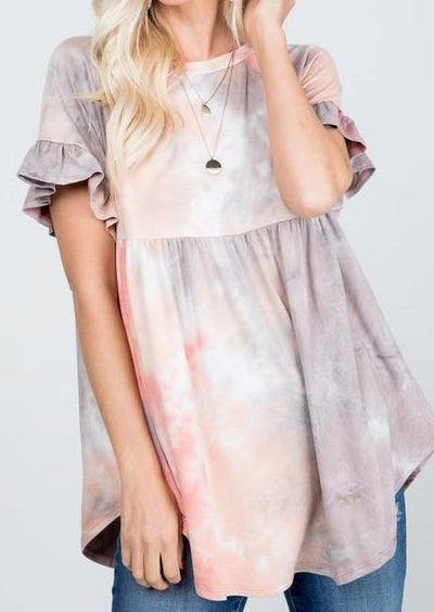 Brand: P & Rose - Baby Doll Ruffle Sleeve Women's Top -  Baby Doll, babydoll, Blouse, Clothes, Gray, made in usa, pink, Plus, ruffle sleeve, Shirt, soft, Spring, Spring Top, Summer, tie dye, Tunic, vacation, Women's Clothing - Classy Cozy Cool Boutique