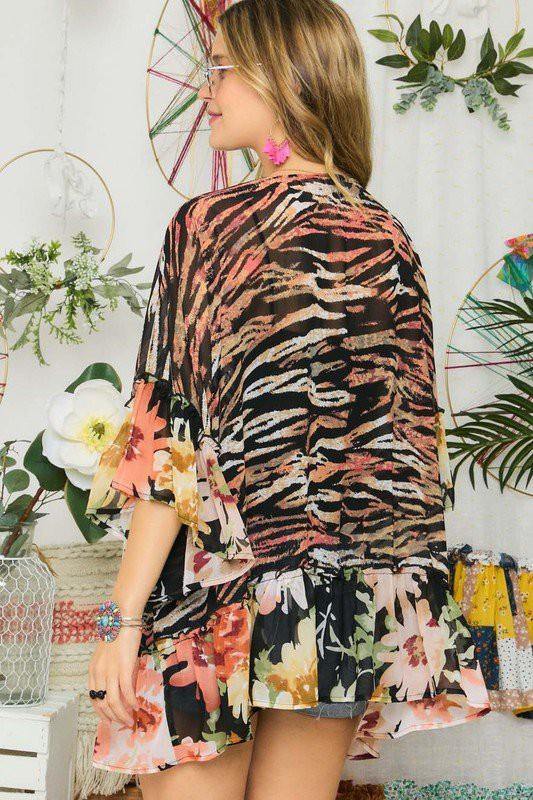 Brand: Adora - Colorful Floral and Zebra Kimono with Ruffle Sleeve and Hem -  beach, Beach Wear, Blouse, Blue, BoHo, Clothes, Featured, Floral Print, Kimono, made in usa, Pattern, Ruffle Hem, Ruffle Sleeve, Shirt, Spring, Summer, Women - Classy Cozy Cool Boutique