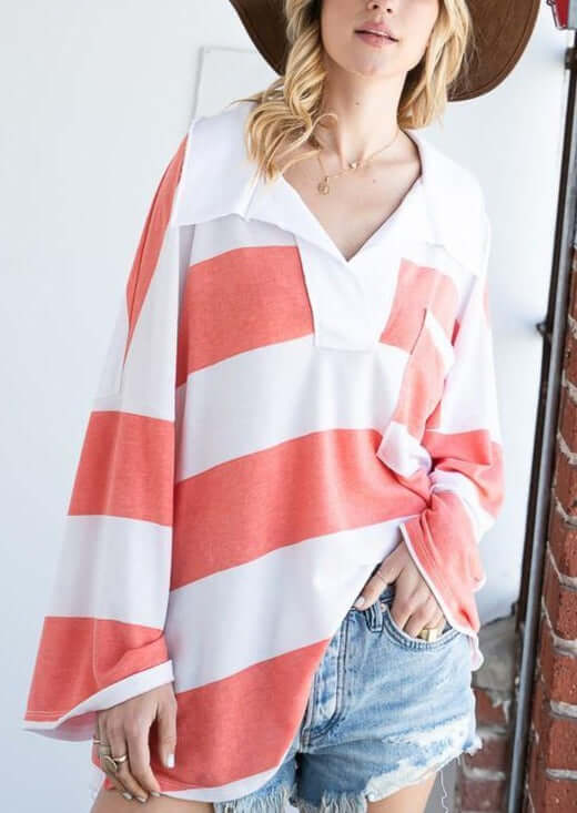 Striped Big Collared V-Neck Pullover Sweatshirt | Brand: Bucket List | Style T1211 | Made in the USA | Classy Cozy Cool Women’s Clothing Boutique