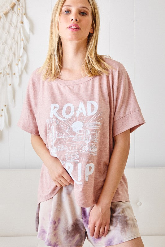 Pink USA Made Graphic Road Trip Boxy Boat Neck Top | Ces Femme TJ10531 | Made in USA | Classy Cozy Cool Women’s American Clothing Boutique
