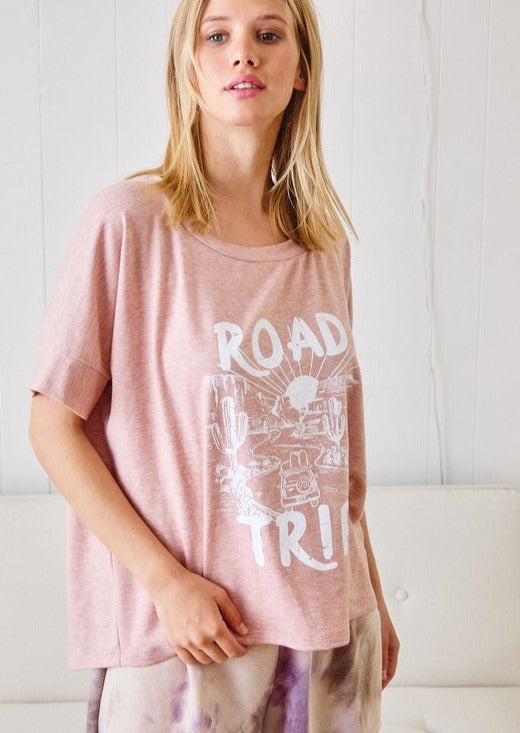 USA Made Graphic Road Trip Boxy Boat Neck Top | Ces Femme TJ10531 | Made in USA | Classy Cozy Cool Women’s American Clothing Boutique
