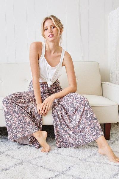 Brand: Ces Femme - Flare Hem BoHo Floral Pants -  Bohemian, BoHo, Bottoms, Clothes, Featured, Floral Print, Lounge, Loungewear, made in usa, navy, Pants, Spring, vacation, Women, Women's Clothing - Classy Cozy Cool Boutique