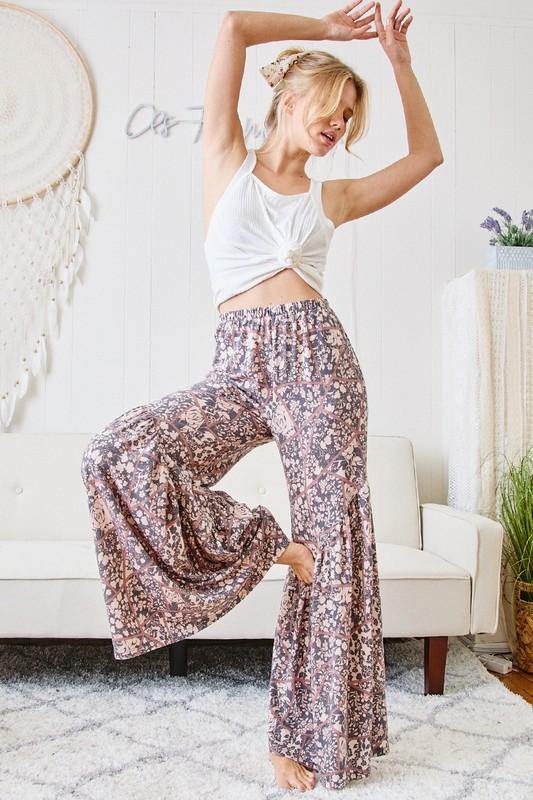 Brand: Ces Femme - Flare Hem BoHo Floral Pants -  Bohemian, BoHo, Bottoms, Clothes, Featured, Floral Print, Lounge, Loungewear, made in usa, navy, Pants, Spring, vacation, Women, Women's Clothing - Classy Cozy Cool Boutique