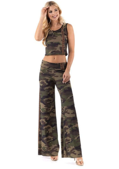 USA Made Ladies Camo Flare Leg Sleek High waist palazzo pants with wide legs, and a comfortable stretchy Jersey fabric with a Army Green Camo print 
