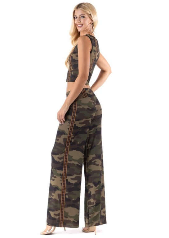USA Made Ladies Camo Flare Leg Sleek High waist palazzo pants with wide legs, and a comfortable stretchy Jersey fabric with a Army Green Camo print 