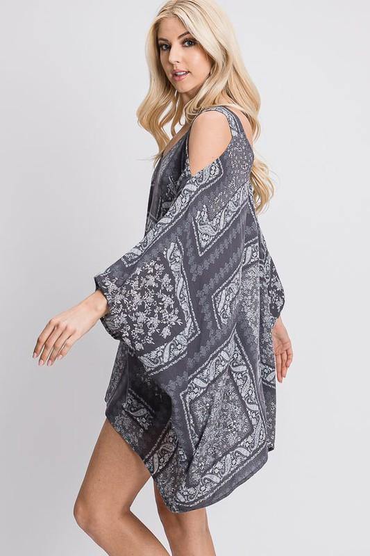 Brand: Jade by Jane - Paisley Cold Shoulder Caftan -  beach, Beach Wear, Bohemian, BoHo, Clothes, Cold Shoulder, Made in America, made in usa, Navy, Paisley, Plus, Poncho, Spring, Summer, Tunic, vacation, Women - Classy Cozy Cool Boutique