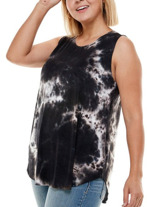 Plus Size Ladies Black & White Summer Full Length Jersey Tie Dye Tank Top | Made in USA | Classy Cozy Cool Women's American Clothing Boutique