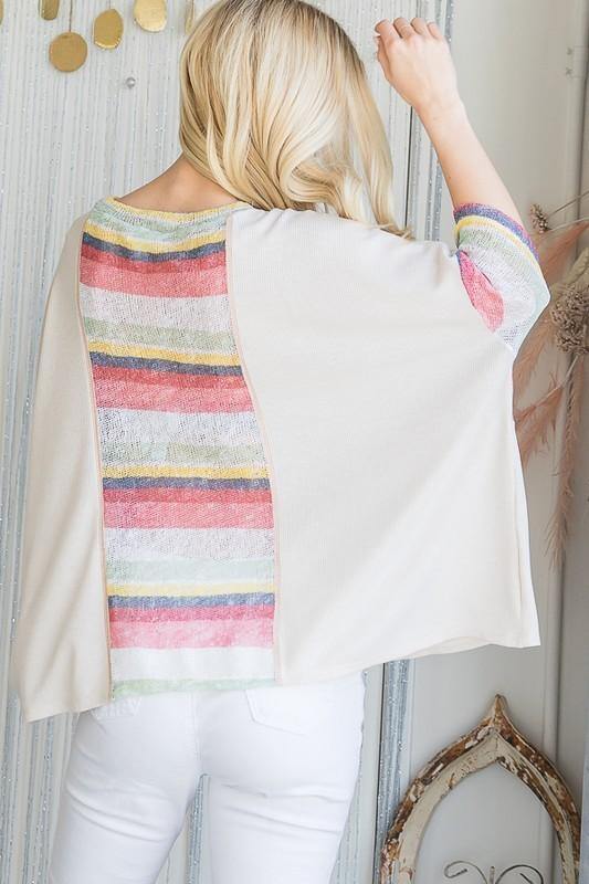 Brand: Hopely - Textured Oversized Stripe Contrast Boxy Top -  Blouse, Boat Neck, Boxy Top, Clothes, Cream, Dolman Sleeve, Featured, Gauze, Lounge, Loungewear, made in usa, Pink, Shirt, Spring, Summer, Wardrobe Essentials, Women - Classy Cozy Cool Boutique