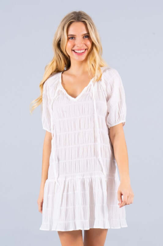 Renee C White Cotton Gauze Crinkled Beach Cover Up Tunic Dress Style 4127DR | Made in USA | Classy Cozy Cool Women's Made in America Clothing Boutique