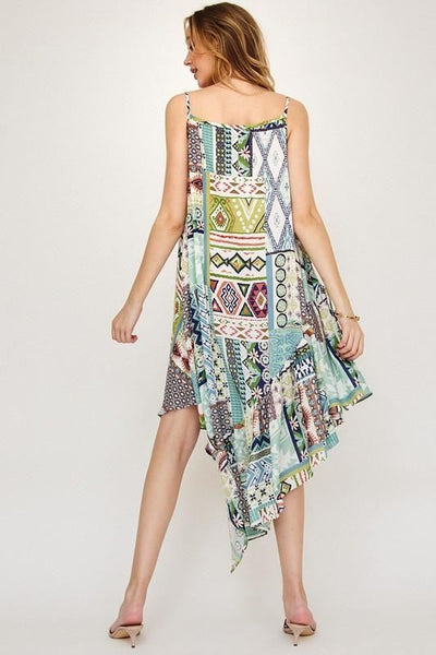 Brand: Ces Femme - Shark Bite Hem Multi Print Tank Dress -  beach, Beach Wear, Bohemian, BoHo, Ethnic Pattern, Featured, made in usa, Multi Color, Spring, Summer, vacation, Women's Clothing - Classy Cozy Cool Boutique