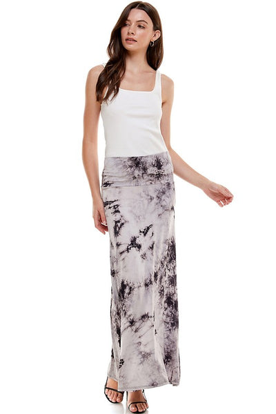 Made in USA Ladies Black & Gray Tie Dye Maxi Skirt | Flounce around in this fun & comfy maxi skirt with the fold over waist | Classy Cozy Cool Boutique