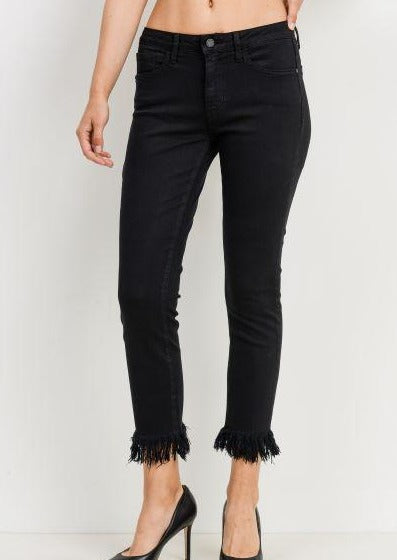 Just Black Denim Premium Mid Rise Cropped Skinny Jeans with Fringe Hem | Style # BP111J | Made in the USA | Classy Cozy Cool Women’s Clothing Boutique