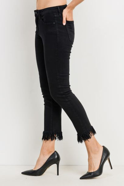 Just Black Denim Premium Mid Rise Cropped Skinny Jeans with Fringe Hem | Style # BP111J | Made in the USA | Classy Cozy Cool Women’s Clothing Boutique
