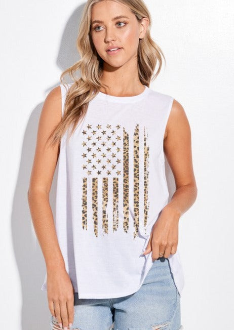 Phil Love Ladies White Leopard American Flag Graphic Patriotic Muscle T-Shirt | Made in USA | Classy Cozy Cool Women's American Clothing Boutique