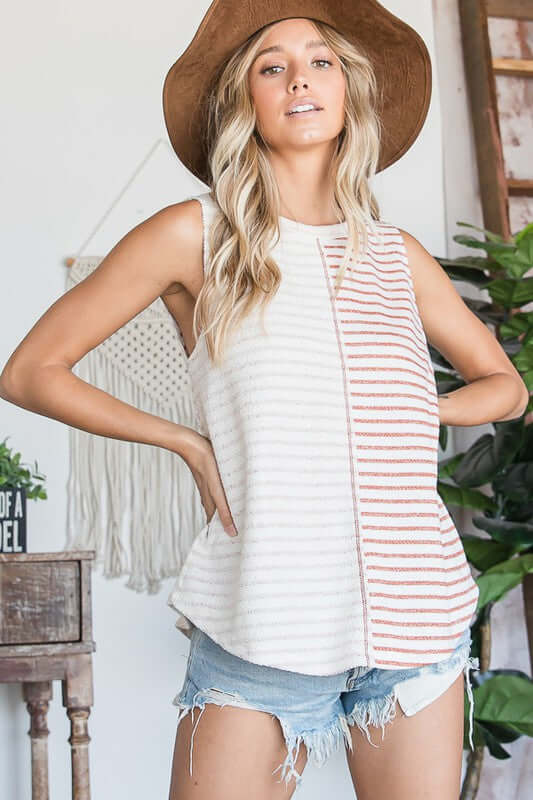Bucket List Ladies Block Striped Sleeveless French Terry Top | Made in USA | Easy Casual Wear | Classy Cozy Cool Women's American Made Boutique