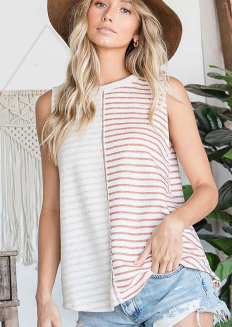 Bucket List Ladies Block Striped Sleeveless French Terry Top | Made in USA | Easy Casual Wear | Classy Cozy Cool Women's American Made Boutique