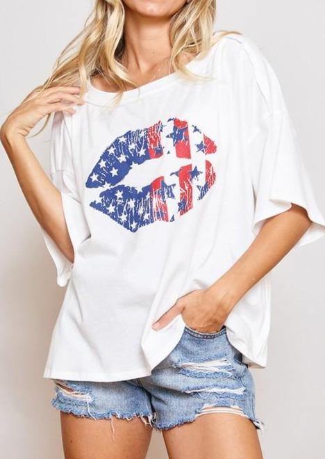 American Flag Lips Organic Cotton Tee | Ces Femme TJ10732 | Made in the USA | Classy Cozy Cool Women’s Clothing Boutique